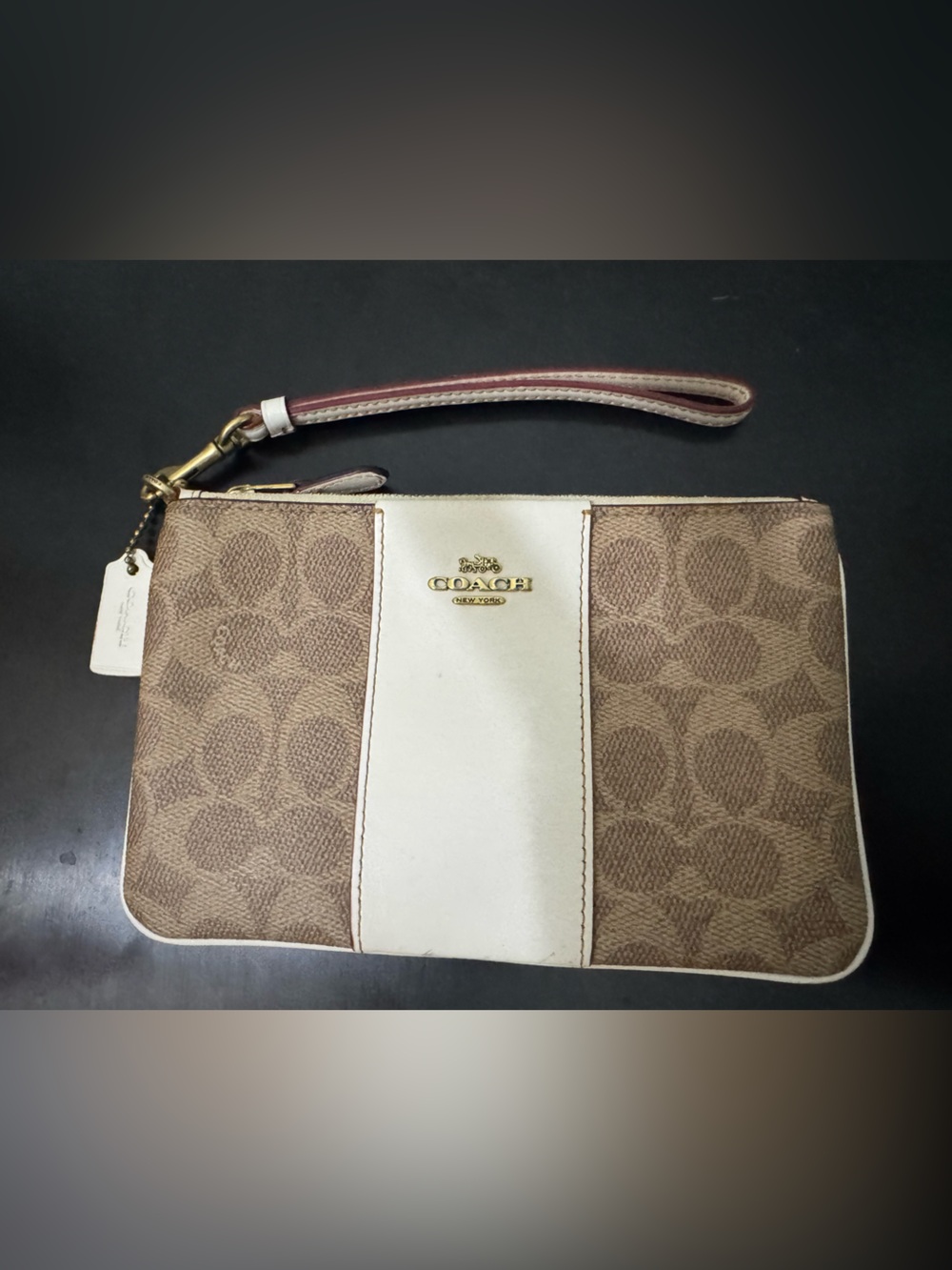 Coach Large Brown Signature Canvas and White Stripe Wristlet